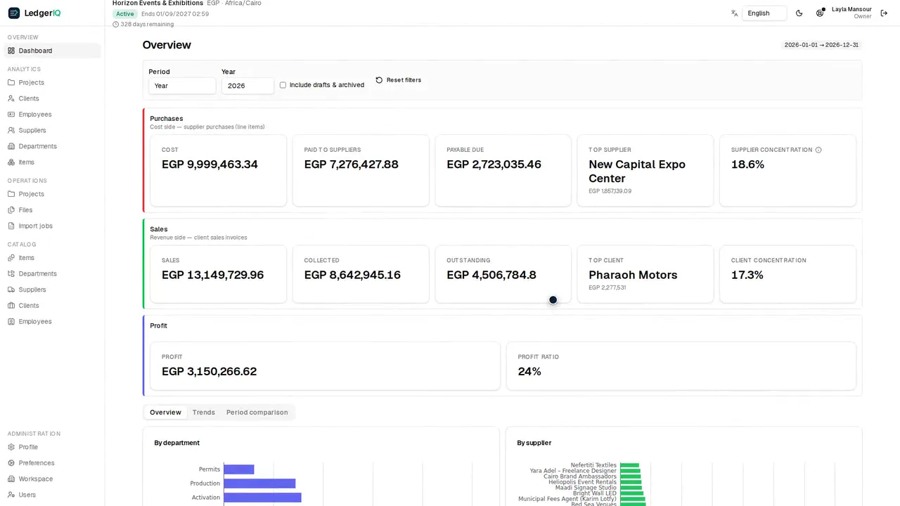 LedgerIQ project P&L dashboard preview